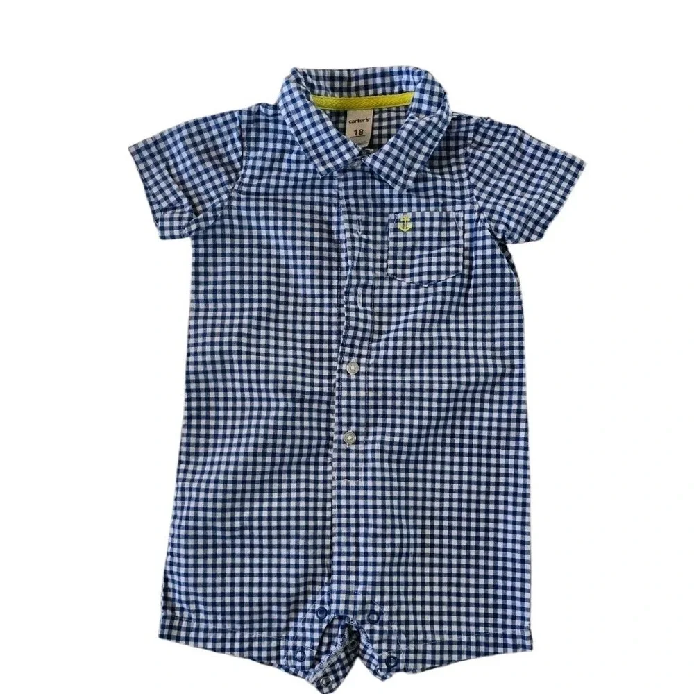 Set of‎ 2 Carter's Blue & GREEN Gingham Romper Infant Boy size 18 months #081